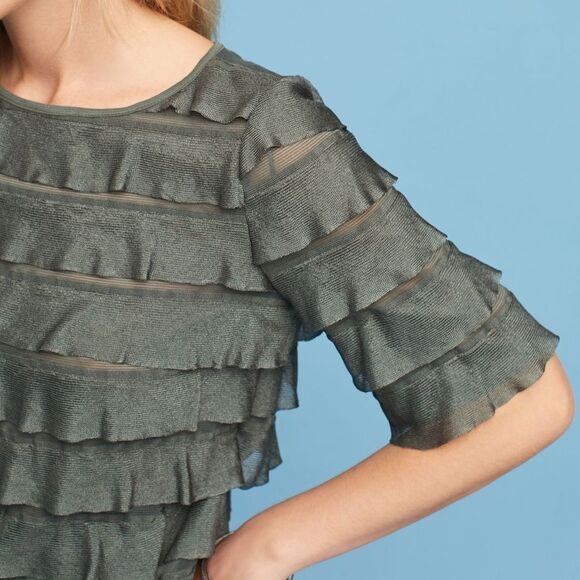 ANTHROPOLOGIE VANESSA VIRGINIA Ruffled Tiers Top Moss Women’s Size Small - Picture 4 of 11